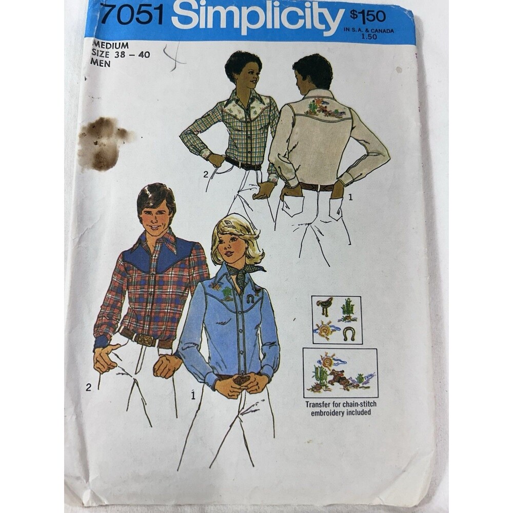 Vintage 1975 Simplicity 7051 Unisex Western Shirt Pattern Sz M CUT OOP